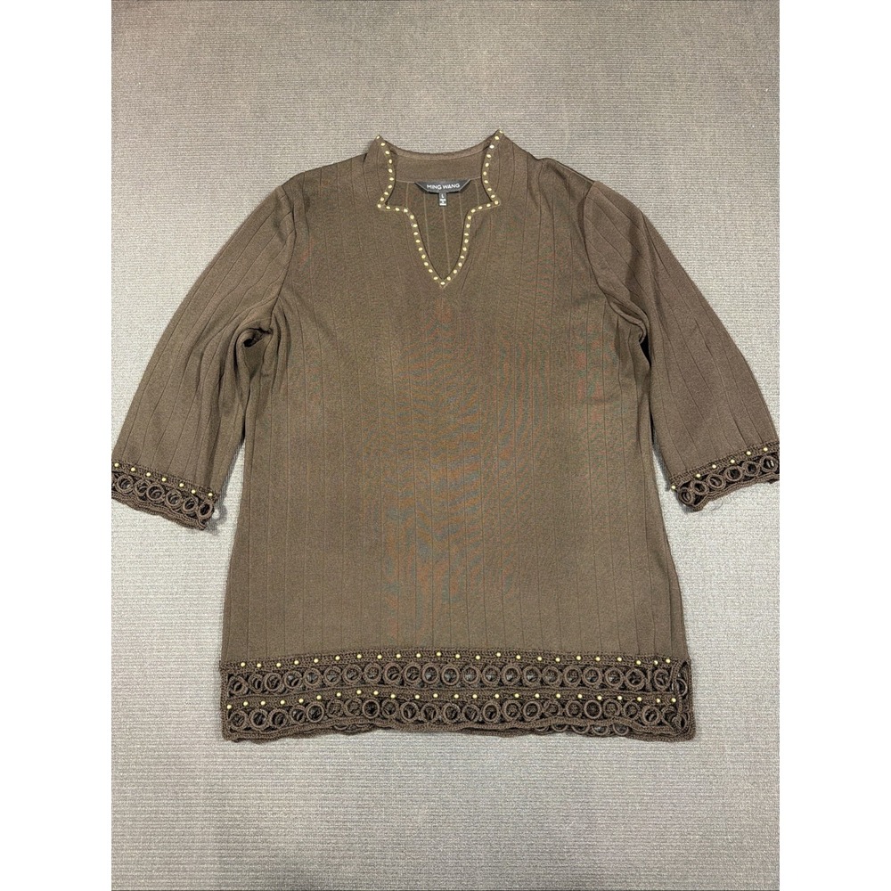 MING WANG Brown Crochet Beaded 3/4 Sleeve Artsy Boho Tunic Top Size XL